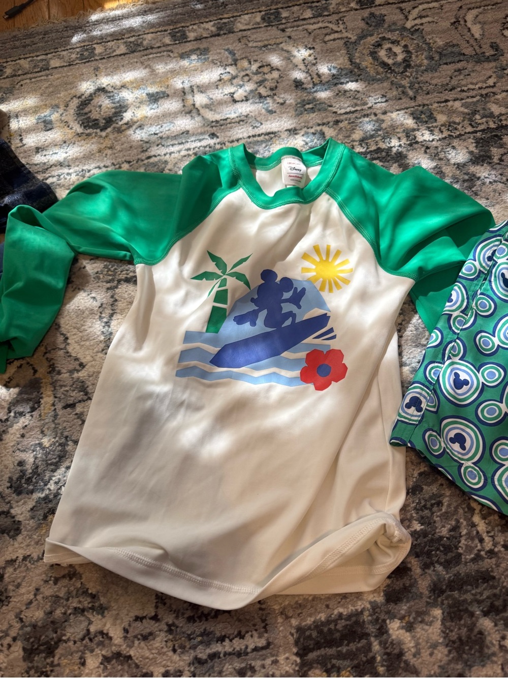 Hanna Andersson Green and White Kids Surf Rashguard with Beach Graphic